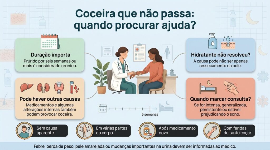 A duração, a intensidade e os sintomas associados ajudam a decidir quando a coceira precisa ser investigada.