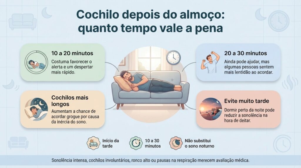 Para a maioria dos adultos, cochilos de 10 a 30 minutos no início da tarde tendem a equilibrar descanso e disposição.