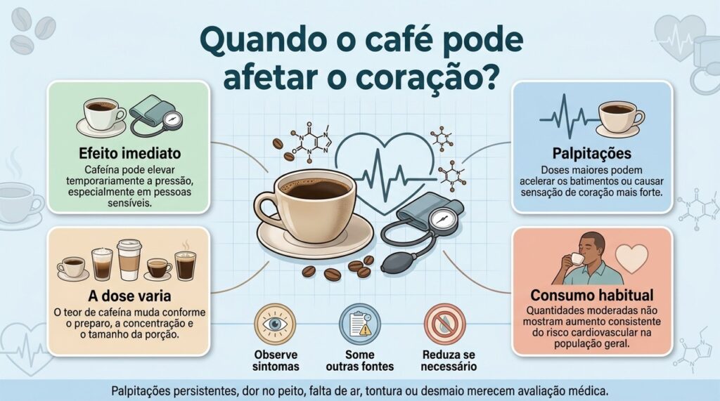 Café em excesso pode aumentar temporariamente a pressão e provocar palpitações, mas os efeitos variam com a dose e a sensibilidade individual.