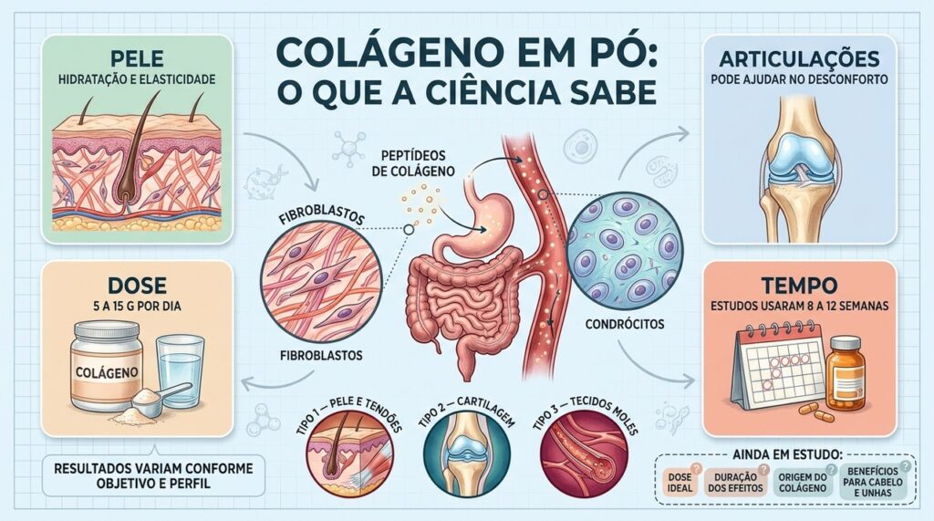 Peptídeos de colágeno atuam em pele e cartilagens, com benefícios ainda em estudo.