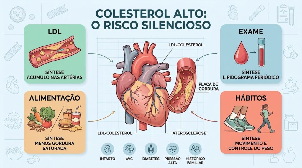 LDL elevado, alimentação, sedentarismo e genética podem contribuir para o acúmulo de placas arteriais.