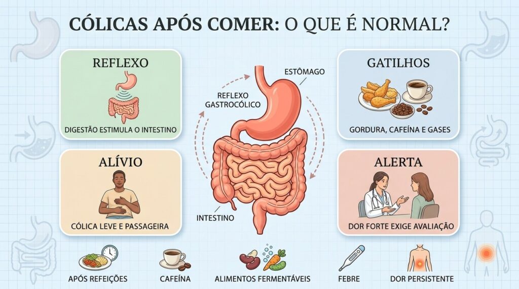 Reflexo gastrocólico, alimentos gatilho e sinais de alerta ajudam a entender cólicas após comer.