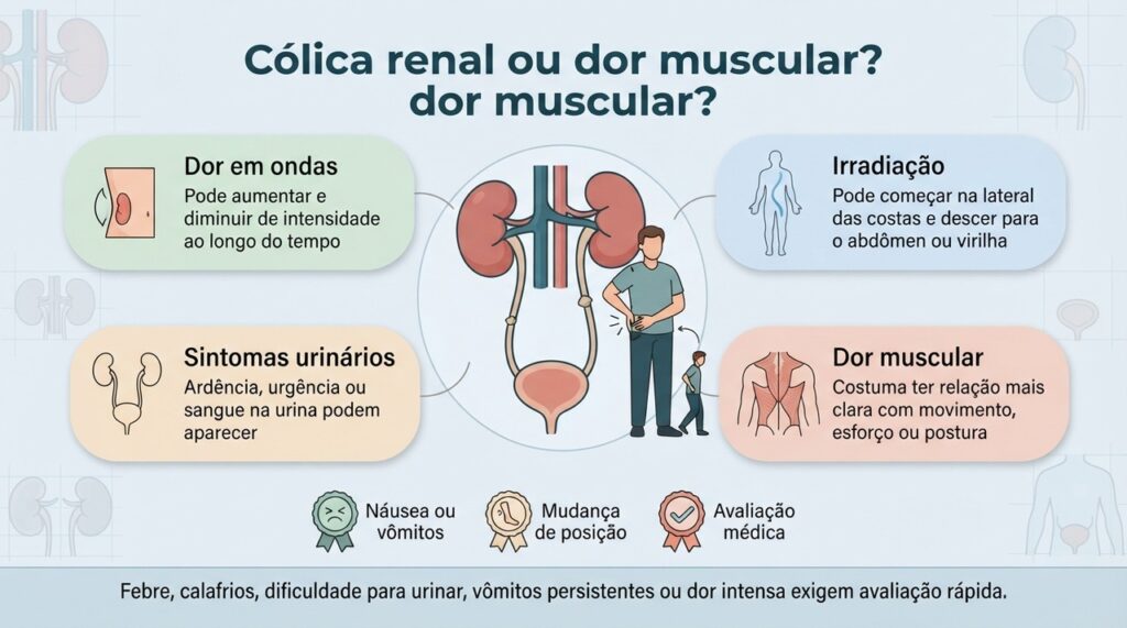 O padrão da dor e os sintomas urinários podem ajudar a diferenciar cólica renal de dor muscular, mas o diagnóstico depende de avaliação.