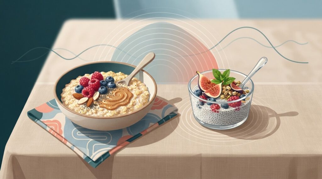 A aveia se destaca pela beta-glucana, enquanto a chia concentra bastante fibra e forma gel ao ser hidratada.