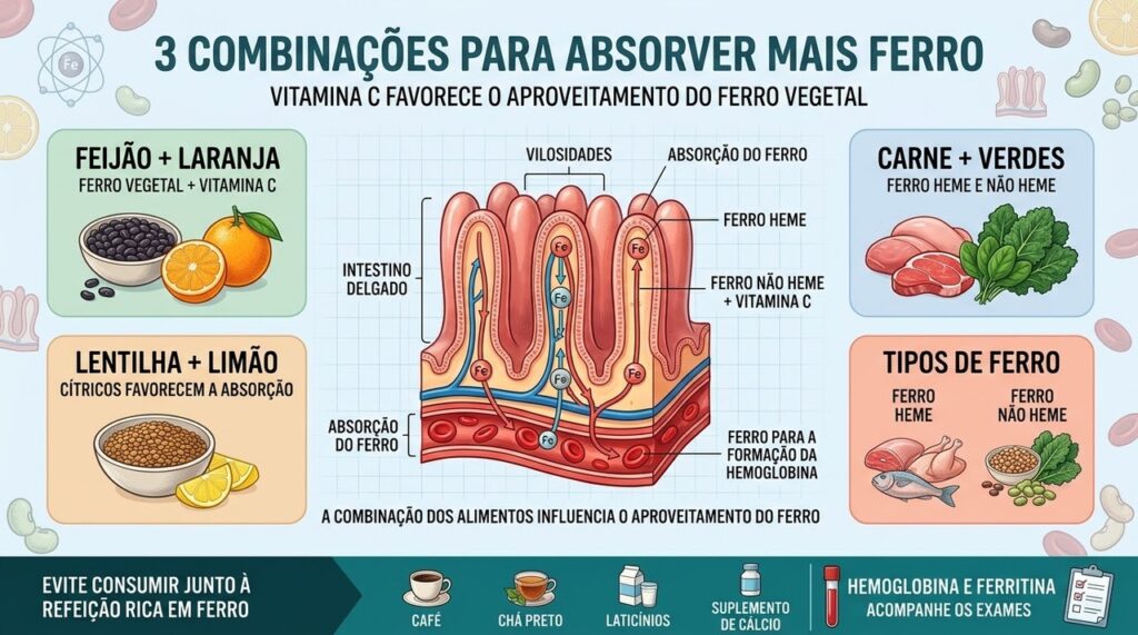 Vitamina C favorece a absorção do ferro presente em leguminosas e vegetais.