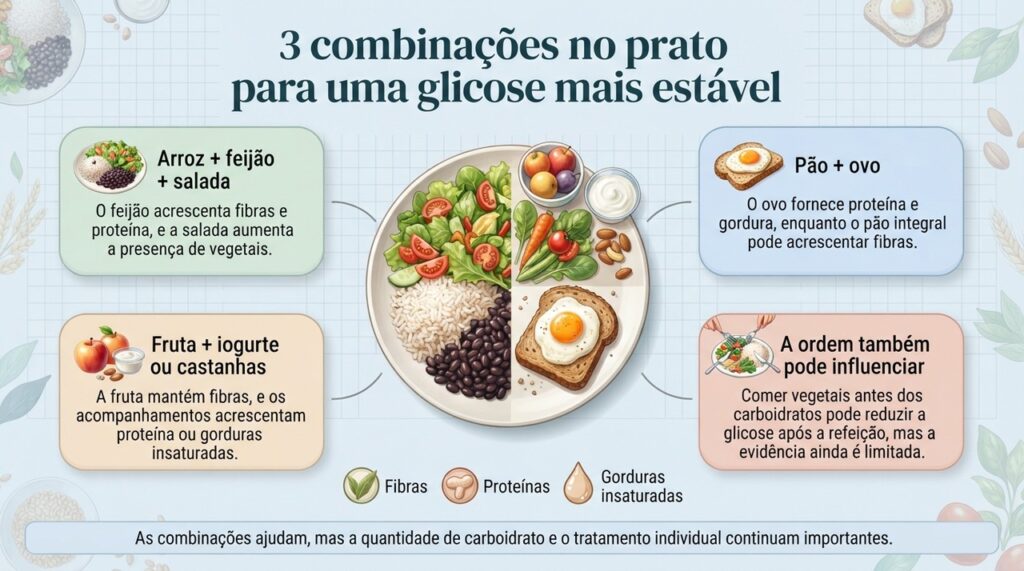 Fibras, proteínas e gorduras insaturadas podem ajudar a desacelerar a resposta da glicose quando acompanham os carboidratos.