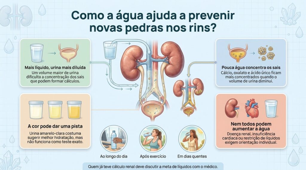 A hidratação ajuda a manter a urina diluída, mas a quantidade ideal de líquidos pode variar conforme a saúde de cada pessoa.