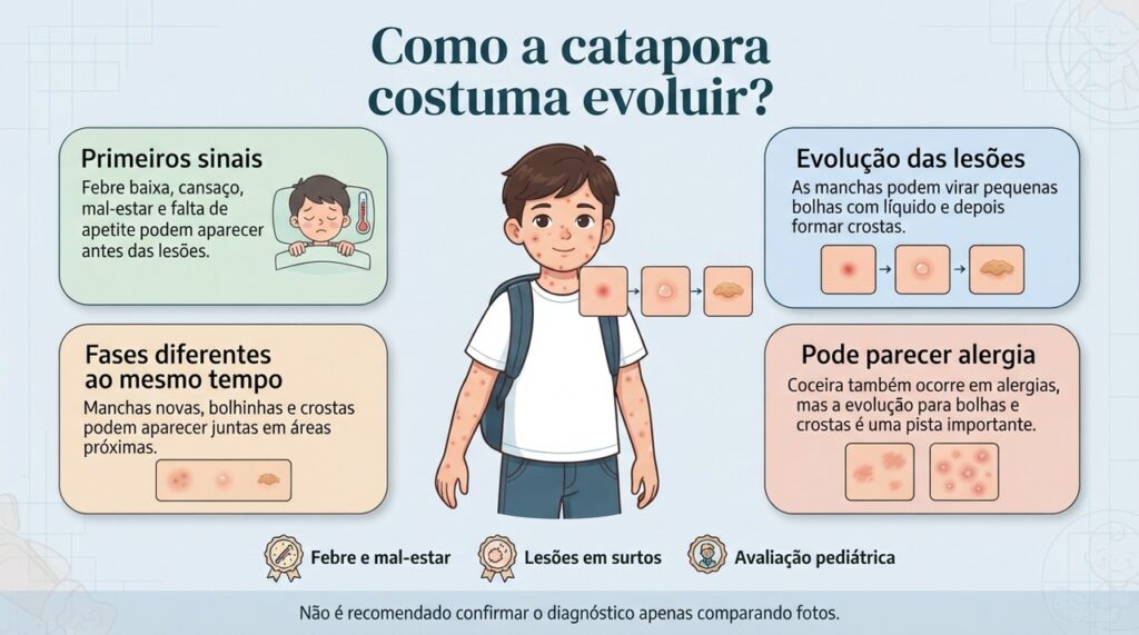 Na catapora, é comum encontrar manchas, pequenas bolhas e crostas em diferentes fases ao mesmo tempo.