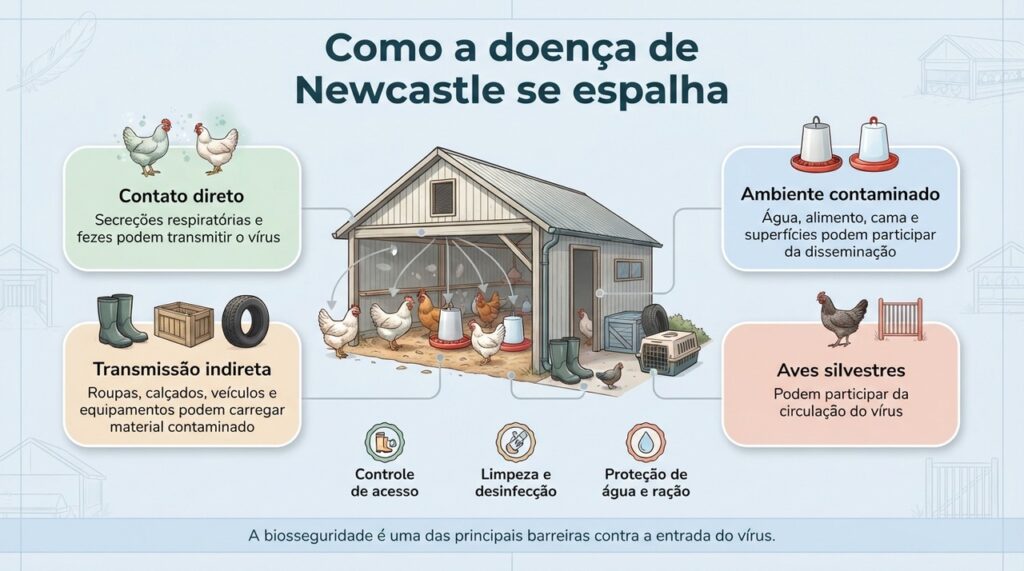 A doença se espalha com facilidade porque o vírus pode passar entre aves e também por diferentes elementos do ambiente.