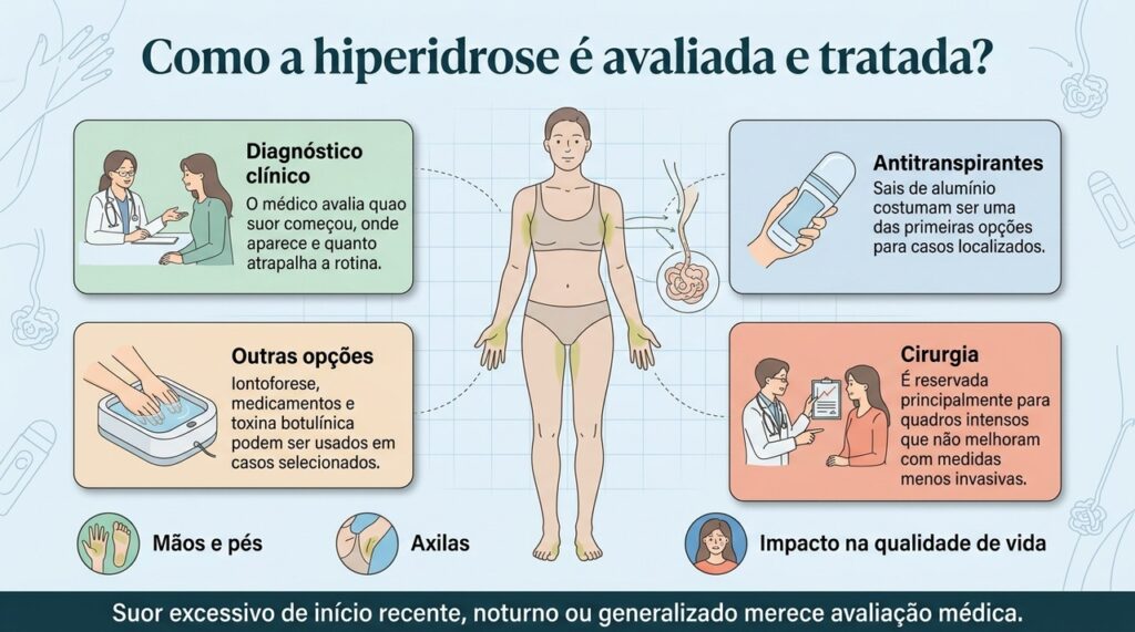 A avaliação considera o padrão do suor e o impacto na rotina, e o tratamento costuma avançar de medidas simples para opções mais específicas.