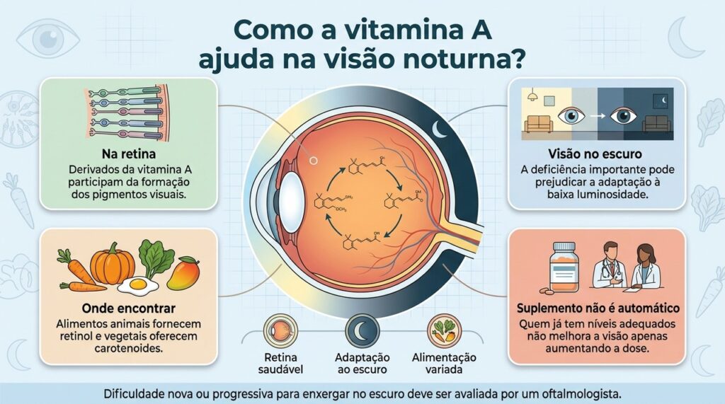 A vitamina A é essencial para os pigmentos visuais da retina, mas suplementação só deve ser usada quando houver indicação.