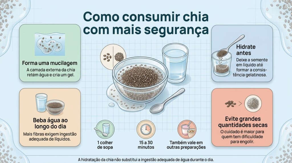 Hidratar a chia antes do consumo e manter boa ingestão de água ajuda a usar suas fibras de forma mais adequada.