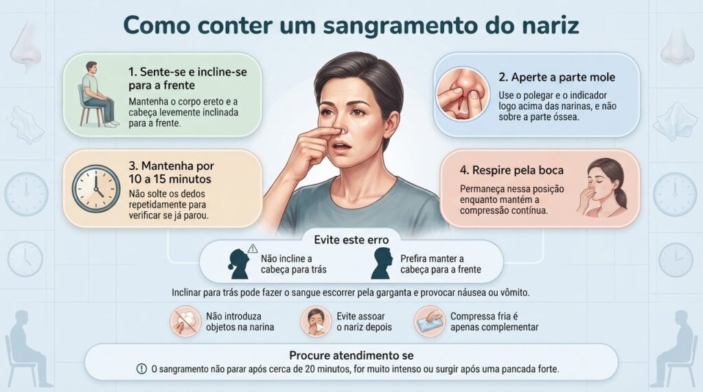 A técnica correta combina posição inclinada para a frente, compressão contínua da parte mole do nariz e atenção aos sinais de alerta.