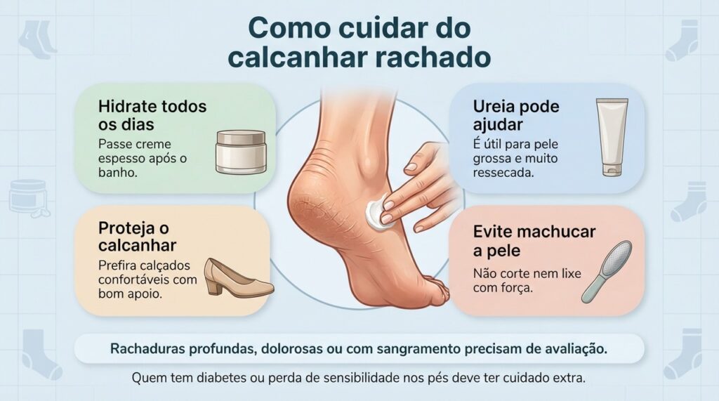 Hidratação, proteção do calcanhar e cuidados para não machucar a pele fazem parte do tratamento das fissuras superficiais.