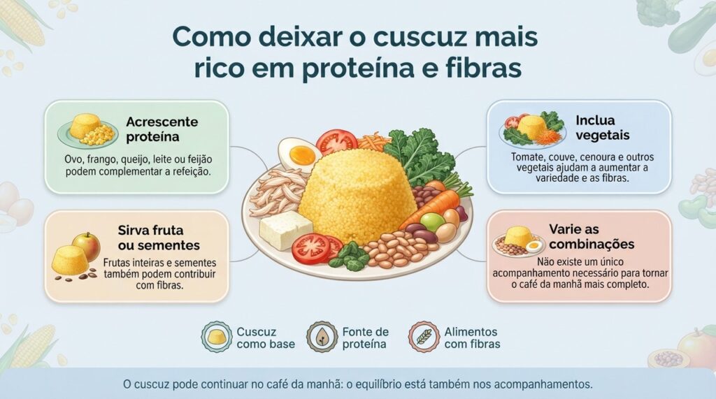 O cuscuz pode continuar como base da refeição e ganhar mais nutrientes com proteínas, vegetais, frutas e leguminosas.