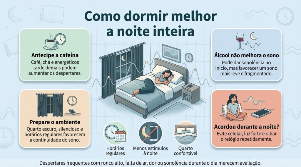 Ajustar cafeína, álcool, telas e ambiente pode ajudar a reduzir despertares, mas sintomas persistentes precisam ser investigados.
