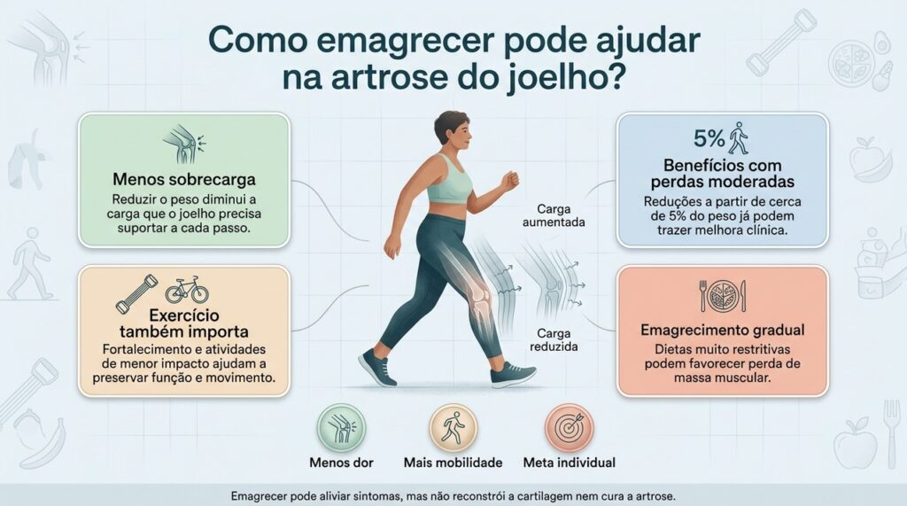 Para quem tem sobrepeso ou obesidade, perda de peso associada a exercícios pode ajudar a reduzir dor e melhorar a função do joelho.