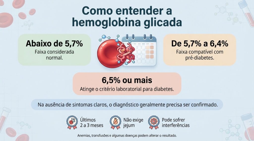 Os valores da hemoglobina glicada ajudam na investigação de pré-diabetes e diabetes, mas devem ser interpretados no contexto clínico.
