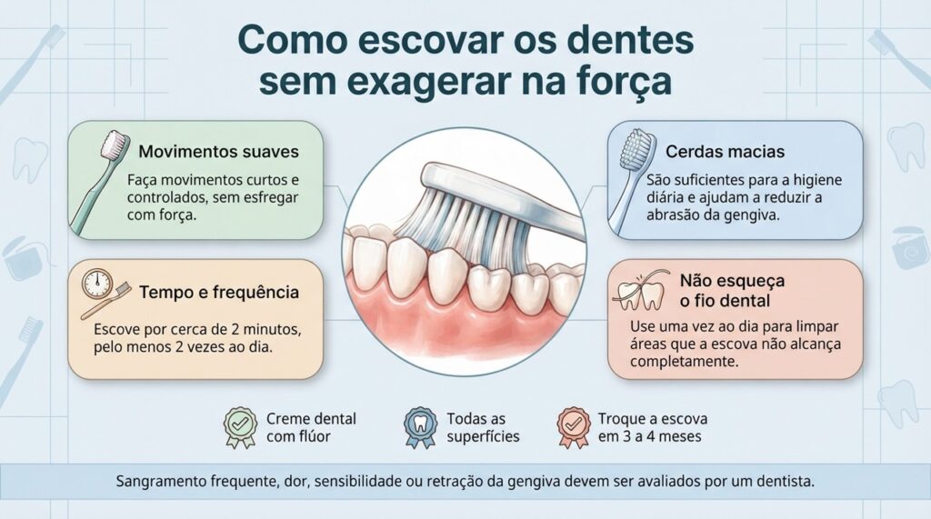 Uma boa higiene combina técnica suave, escova macia, tempo adequado e limpeza entre os dentes.