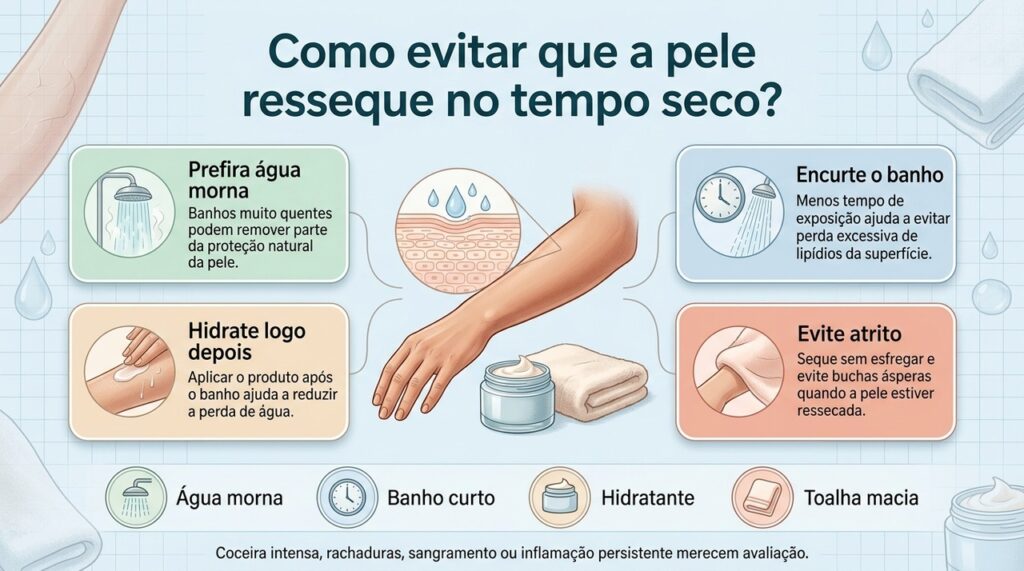 Banhos mais curtos, água morna e hidratação regular ajudam a preservar a barreira natural da pele.