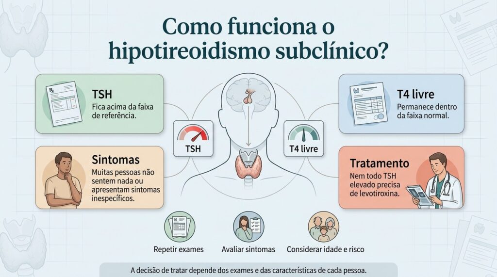 TSH elevado com T4 livre normal caracteriza o hipotireoidismo subclínico, mas a necessidade de tratamento é individual.