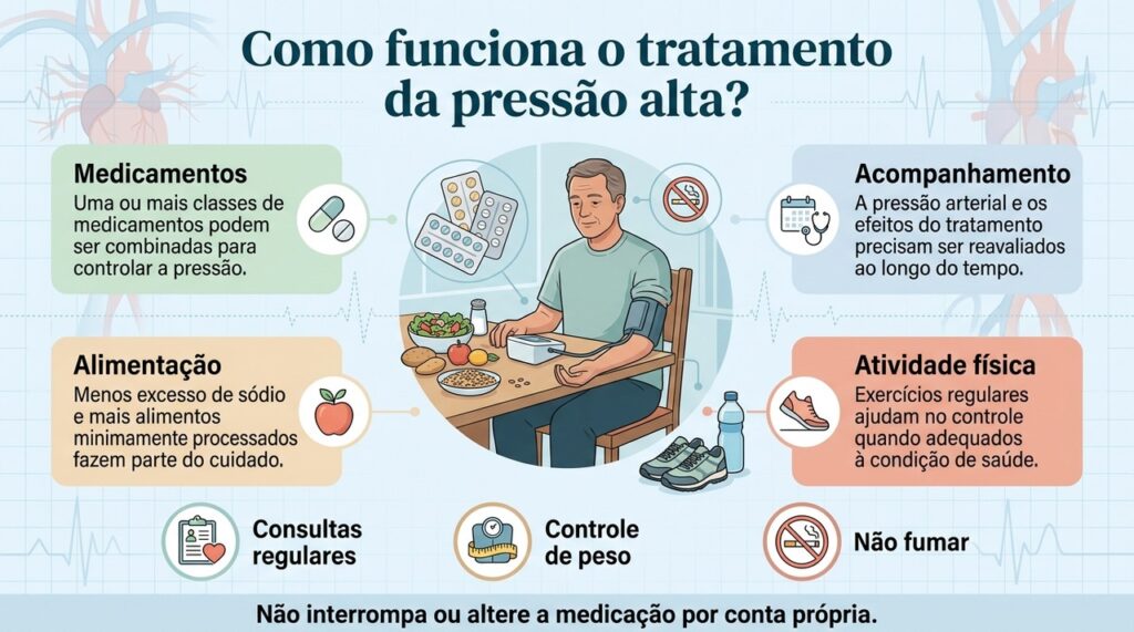 O tratamento da pressão alta combina acompanhamento, medicamentos quando indicados e mudanças sustentáveis nos hábitos diários.