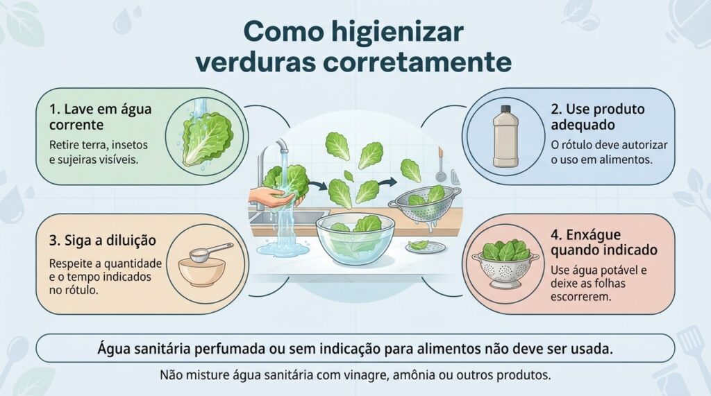 A higienização segura combina lavagem em água corrente com sanitização feita exatamente conforme o rótulo do produto.
