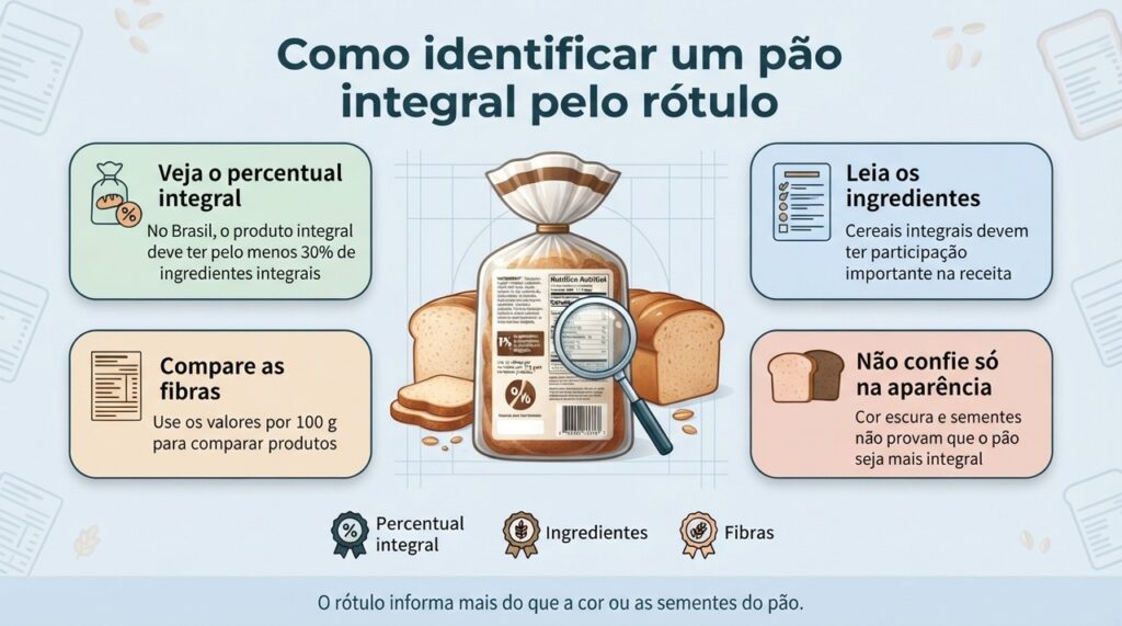 O melhor jeito de comparar pães integrais é combinar percentual de ingredientes integrais, lista de ingredientes e teor de fibras.