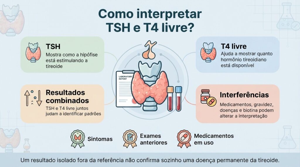 TSH e T4 livre ganham sentido quando são analisados junto com sintomas, histórico, medicamentos e resultados anteriores.