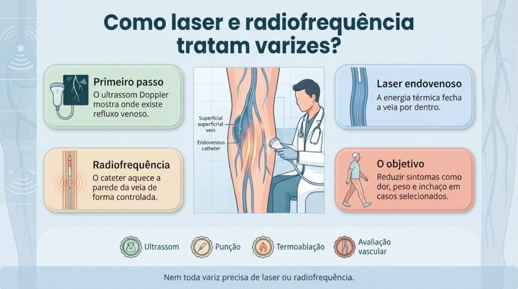 O ultrassom Doppler ajuda a identificar quais veias apresentam refluxo e qual técnica pode ser mais adequada.