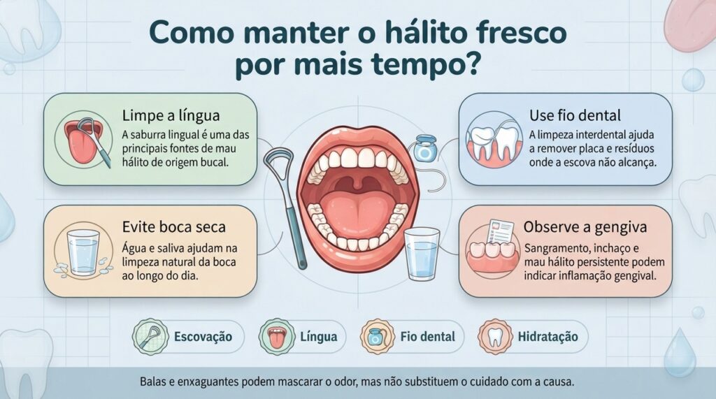 Uma rotina completa de higiene bucal costuma ser mais eficaz para o hálito do que apenas mascarar o odor com balas ou enxaguantes.