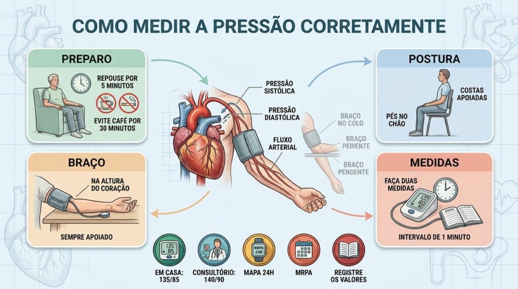 Preparo e posicionamento corretos reduzem erros na medição doméstica da pressão.