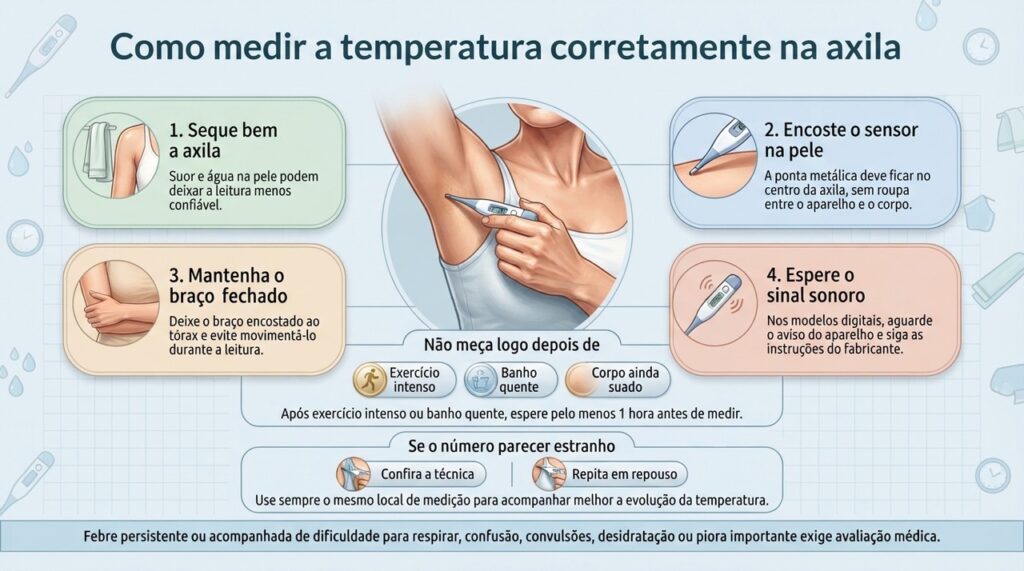 Axila seca, sensor em contato direto com a pele e espera até o sinal sonoro ajudam a obter uma leitura mais confiável.