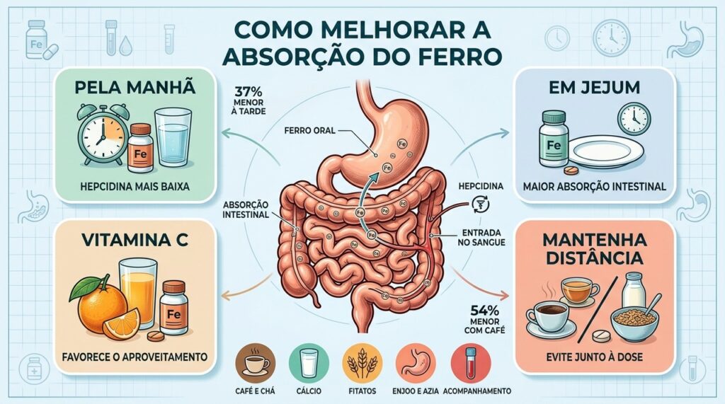 Horário, jejum, vitamina C e alimentos próximos interferem no aproveitamento do ferro.