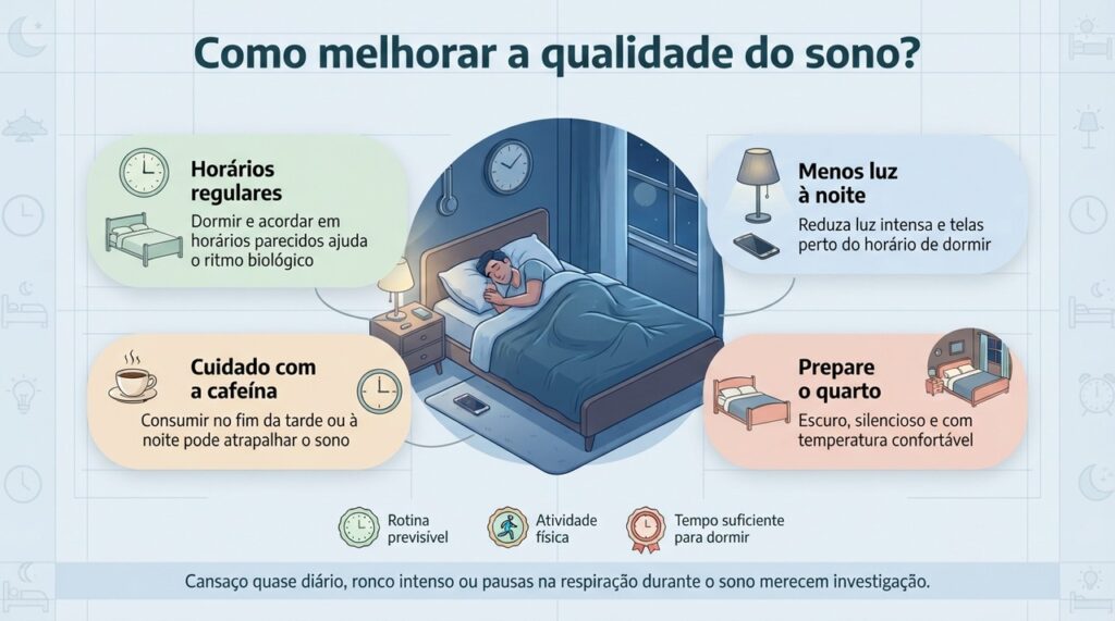 Melhorar a qualidade do sono envolve rotina, ambiente e hábitos; cansaço persistente pode exigir investigação de outras causas.