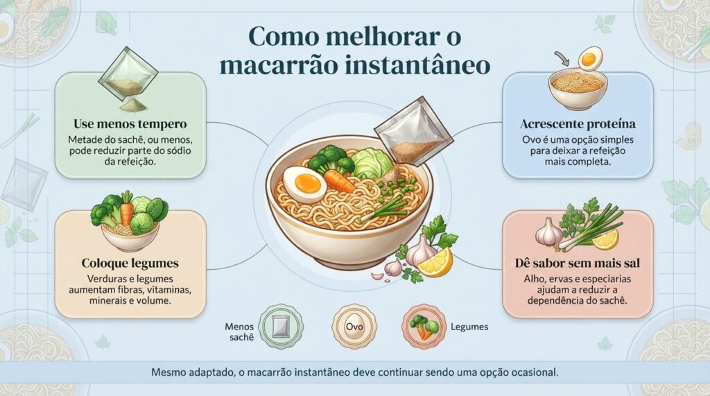 Menos tempero, legumes e uma fonte de proteína melhoram a refeição, mas o macarrão instantâneo continua sendo uma opção para consumo ocasional.
