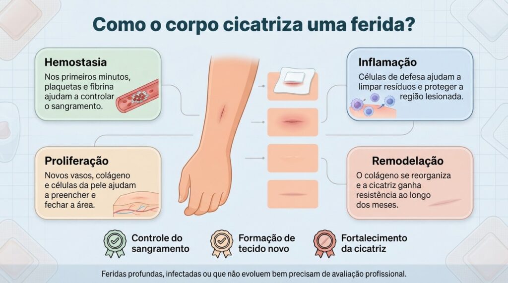 A cicatrização envolve controle do sangramento, inflamação, formação de tecido novo e remodelação da cicatriz.