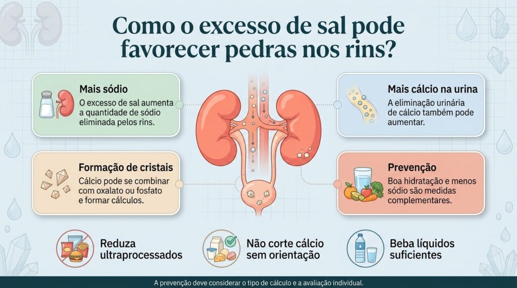 Reduzir o sódio e manter boa hidratação ajuda a diminuir fatores que favorecem os cálculos renais.