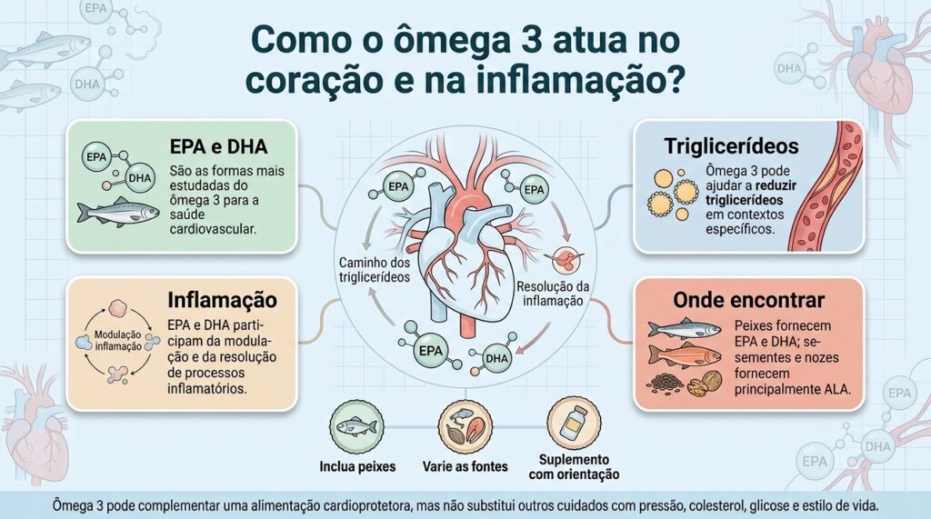 O ômega 3 contribui para o metabolismo dos triglicerídeos e para a modulação da inflamação dentro de um conjunto de hábitos que protegem o coração.