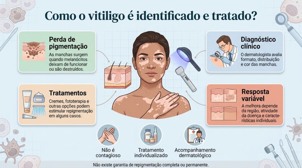O tratamento do vitiligo pode estabilizar as manchas e estimular repigmentação, mas a resposta varia entre pessoas.