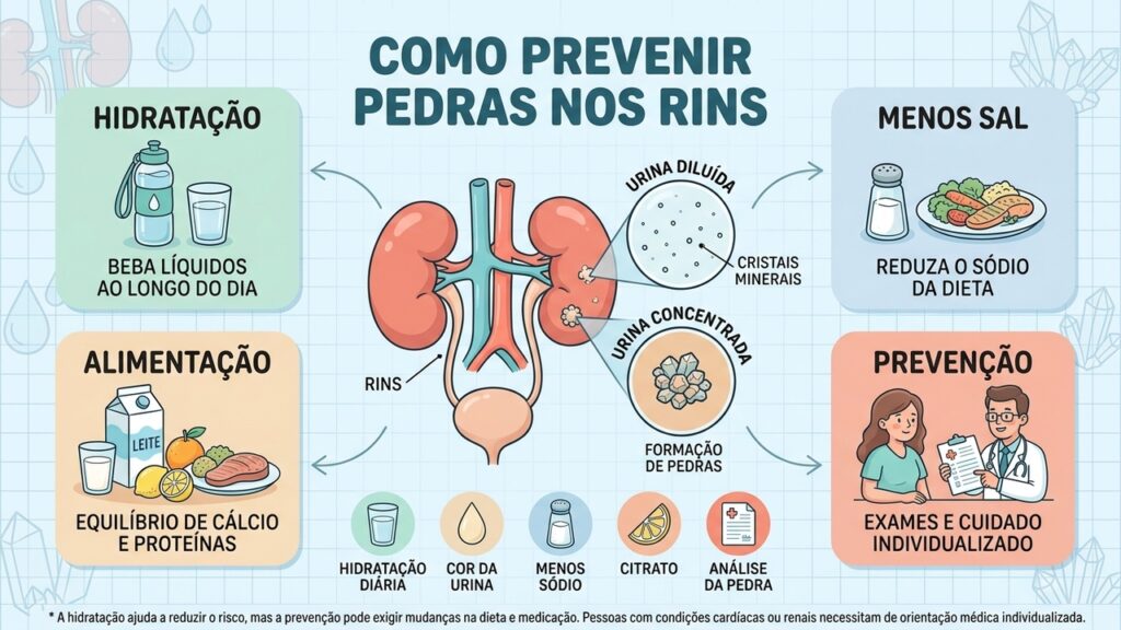 Água, menos sal, alimentação equilibrada e avaliação médica ajudam a reduzir o risco de novas pedras.