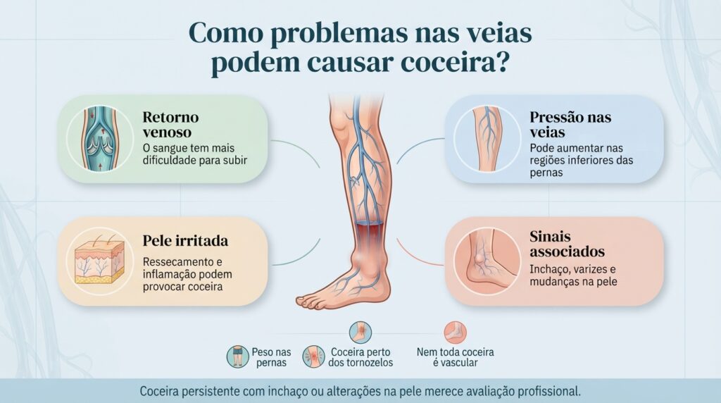 A insuficiência venosa pode provocar mudanças nos tecidos e na pele, mas outras causas de coceira também precisam ser consideradas.