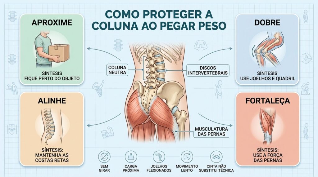 Técnica de levantamento, fortalecimento muscular e carga próxima ajudam a proteger a coluna.