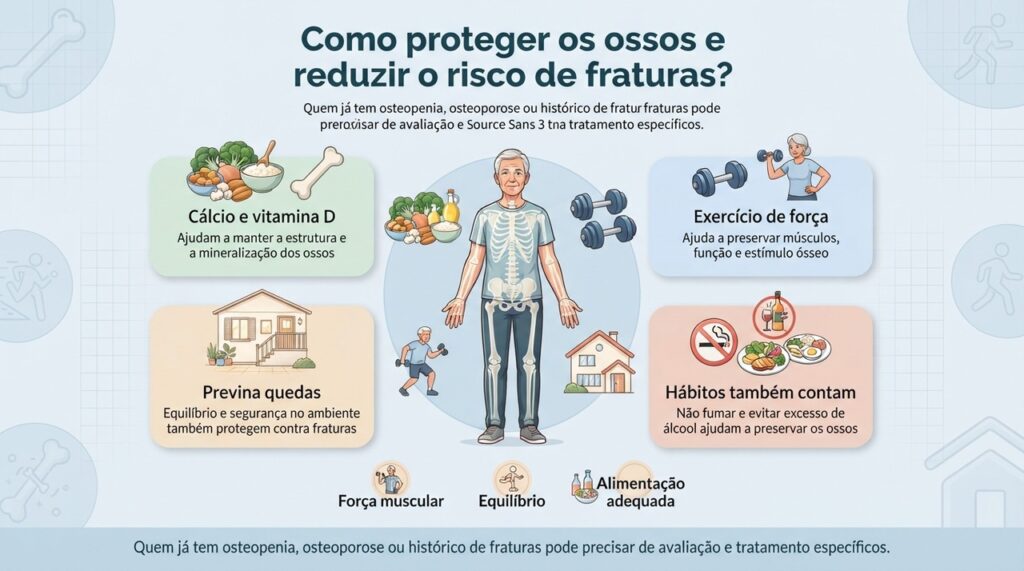 A prevenção de fraturas funciona melhor quando saúde óssea, força muscular e redução do risco de quedas são trabalhadas juntas.