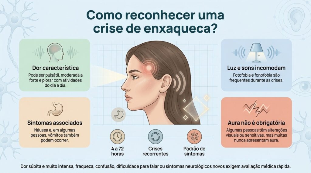 Dor pulsátil, náusea, fotofobia e fonofobia estão entre os sinais que podem compor uma crise de enxaqueca.