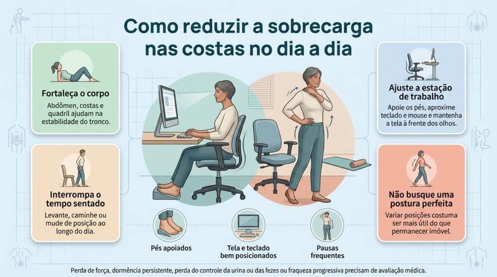 Movimento regular, fortalecimento e ajustes simples no trabalho ajudam a reduzir a sobrecarga nas costas.