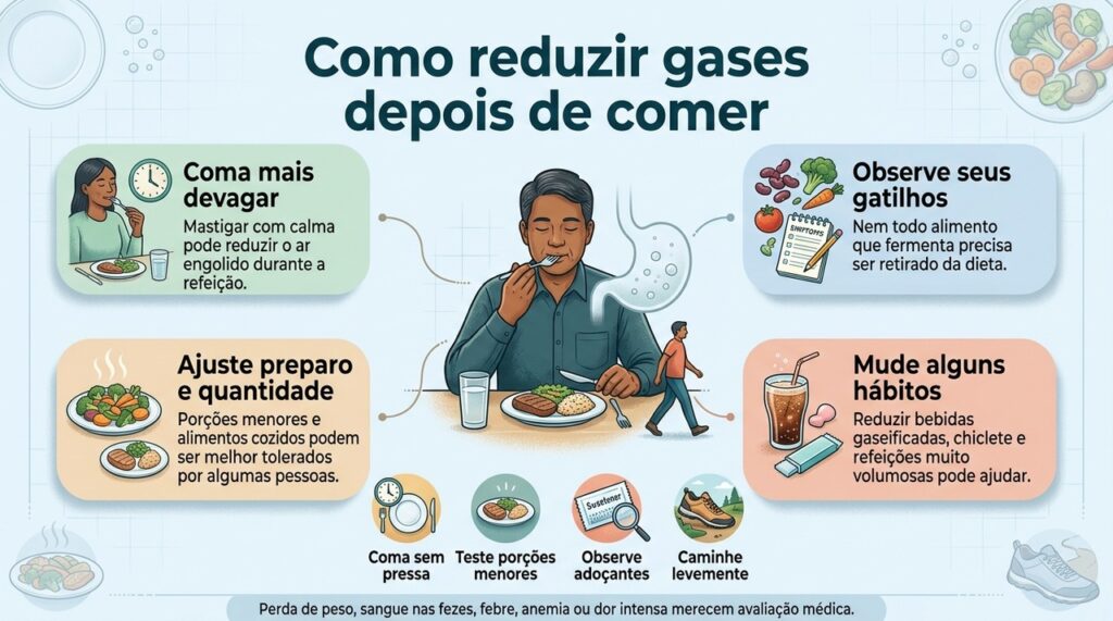 Pequenos ajustes nas refeições podem reduzir gases, mas sintomas frequentes ou associados a sinais de alerta precisam ser investigados.