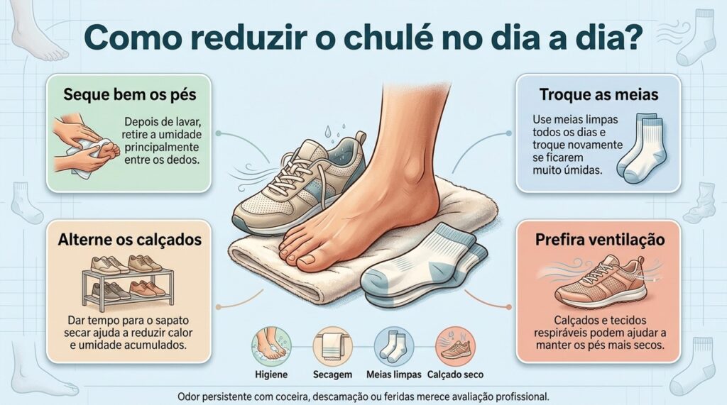 Controlar suor, umidade e ventilação dos calçados costuma ser a base para reduzir o mau cheiro dos pés.