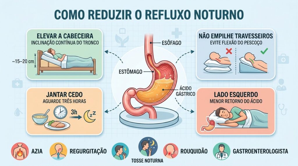 Inclinação correta, hábitos noturnos e posição ao dormir ajudam a controlar o refluxo.