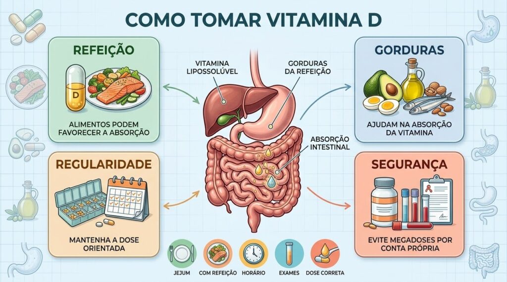 Refeição, gorduras, regularidade e dose adequada influenciam o uso da vitamina D.